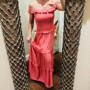 Lola & Sophie Off Shoulder Melon Orange Maxi Dress